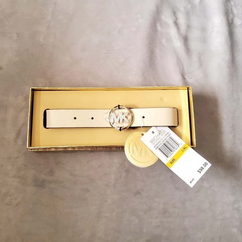 Michael Kors White Leather Belt Gold Hardwear Gift Box Size L/XL NWT